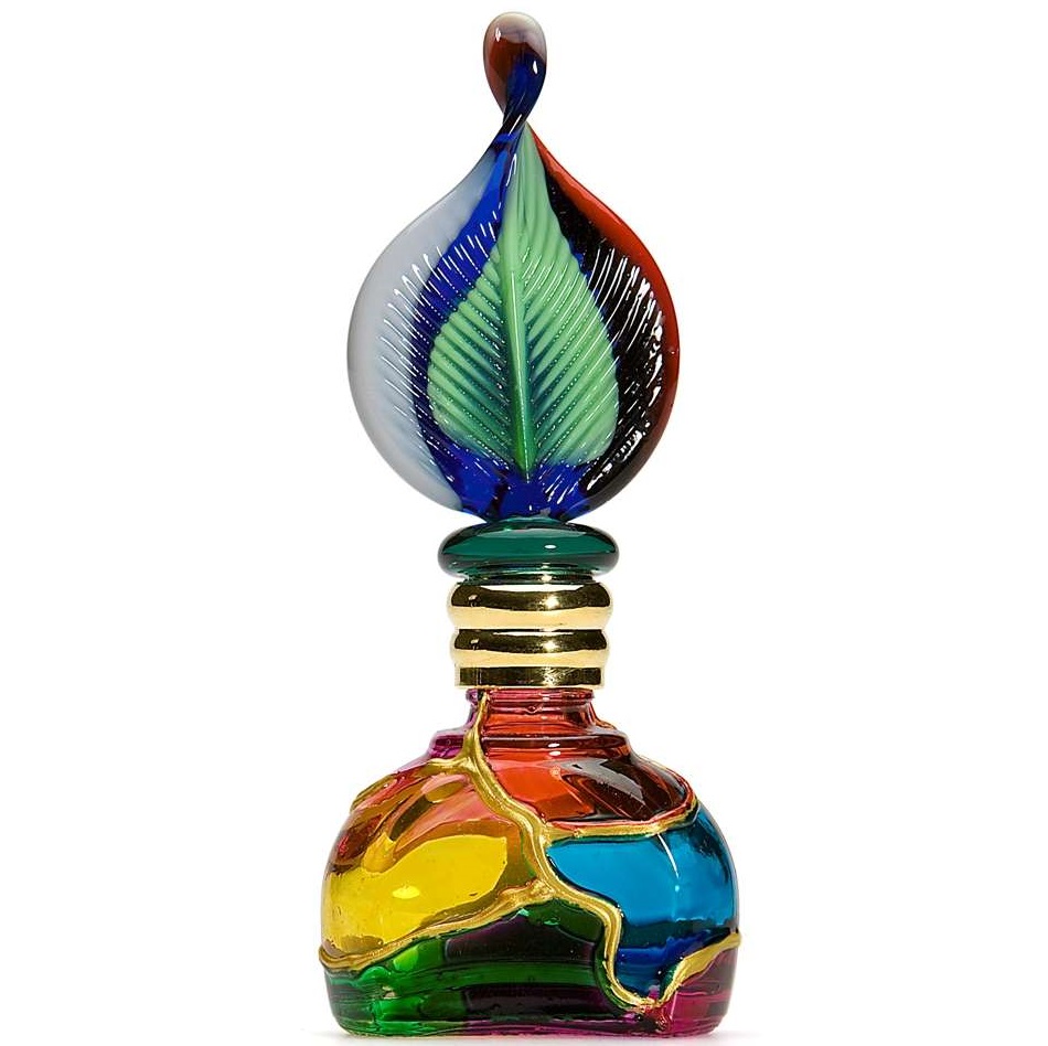 Flacon en Verre de Murano craquelé multicolore rehaussé de fils d'or et avec son bouchon en verre soufflé en forme de feuille - www.boutiquestgermain.com